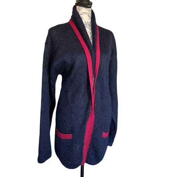 Vintage 80s Christian Dior Size L Blue Open Front Mohair Wool Cardigan Coatigan - Picture 2 of 5